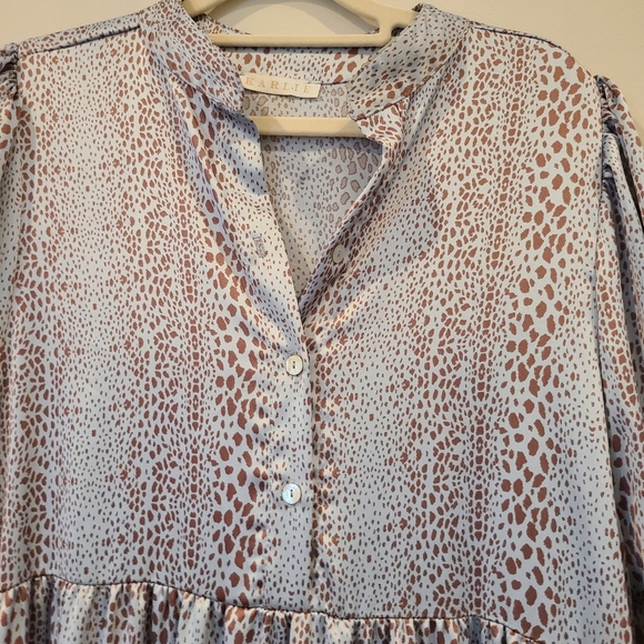 KARLIE Icy Blue And Brown Dot Print Satin Oversized Tiered Maxi Dress - Picture 7 of 12